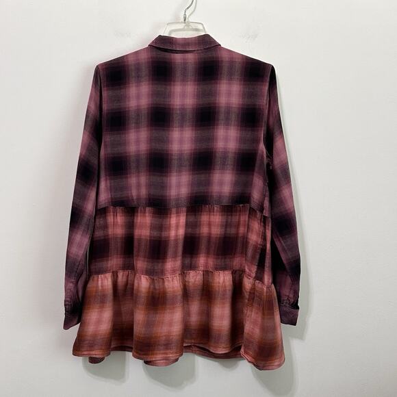 J Jill Cotton Ombre Plaid Shirt Tunic M Long Sleeve Button Front Fall Peplum Top - Picture 9 of 10